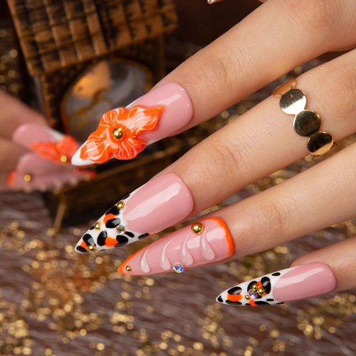 LOVFUL Press on Nails Tropical Sunset | Handmade with Full Covered Crystals | Reusable Full Cover Nails | Stiletto Classic Regular 1.3 in | H374-L