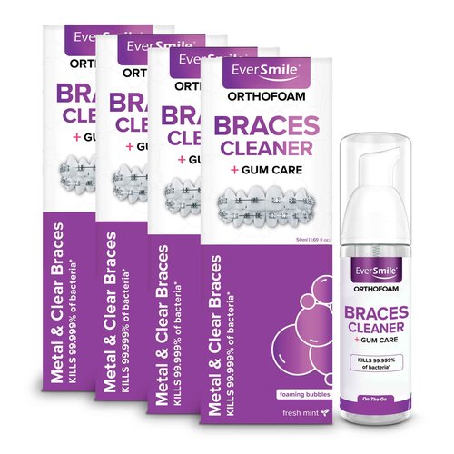 EverSmile OrthoFoam Braces Cleaner — Brushable Foam Whitens Teeth, Eliminates Bacteria, Fights Plaque and Bad Breath – Cleans Under Metal, Ceramic, Clear Brackets and Wires – 50ml (4 Pk)