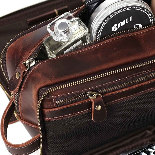 RC ROCKCOW Personalized Leather Toiletry Bag for Men Travel Shaving Dopp Kit-Large Cosmetic Bags Toiletries Bathroom Organizer (Coffee(full grain leather))
