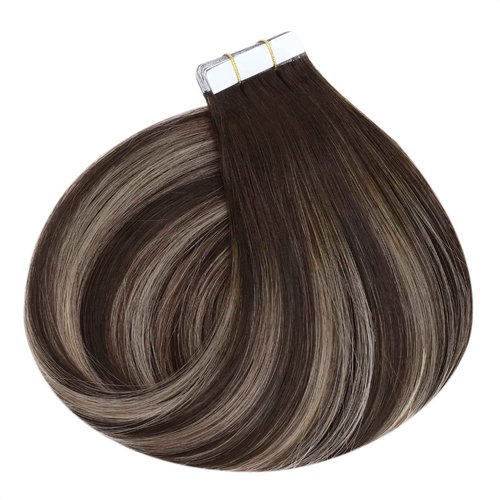 Ugeat Ombre Tape in Hair Extensions Human Hair Ombre Tape in Hair Extensions Balayage Dark Brown Mix Ash Brown Quick Wear for Daily Life 20 Inch 50G 20Pcs