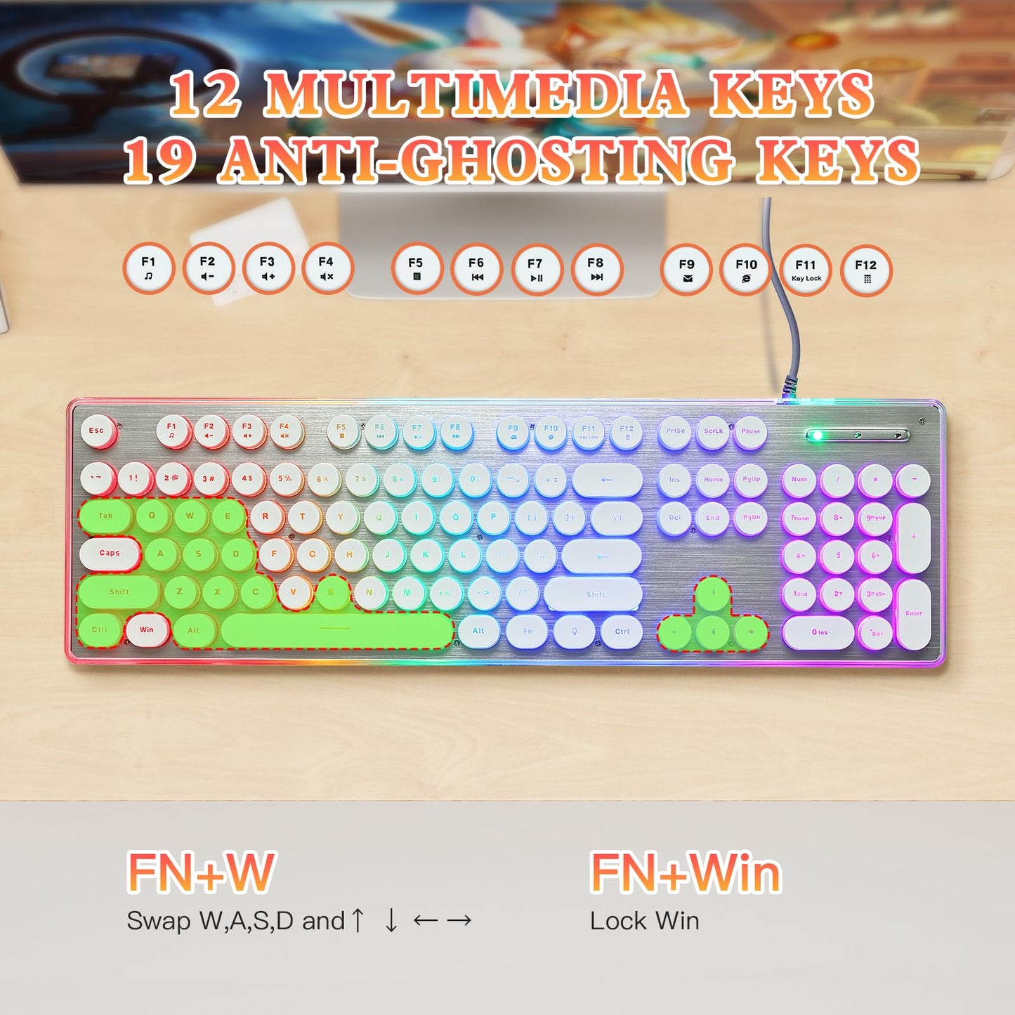ANSWK Typewriter Style Keyboard with Metal Panel, Rainbow LED Backlit, Round Keys, Anti-ghosting, Spill Resistant, Light Up USB Wired Retro 104 Keys for Office/Gaming, White/Silver