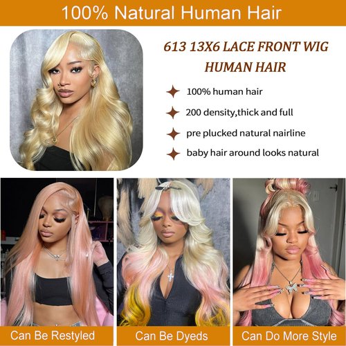 HUG MEET 613 13x6 Lace Front Wig Human Hair 200 Density Blonde Wig Human Hair Body Wave 613 HD Lace Front Wig Human Hair (24 Inch)