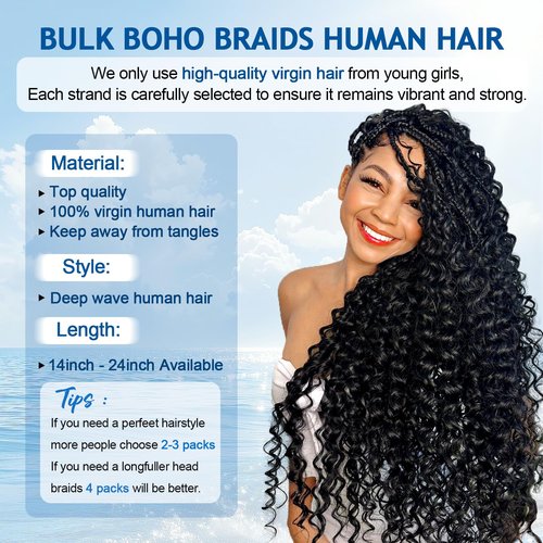 Bizvus 24inch Human Braiding Hair for Boho Braids 110g Deep Wave Boho Bulk Human Hair for Braiding Knotless 12A Wet and Wavy Bulk Bohemian Curly 3 Bundles/Pack #99j Burgundy Color