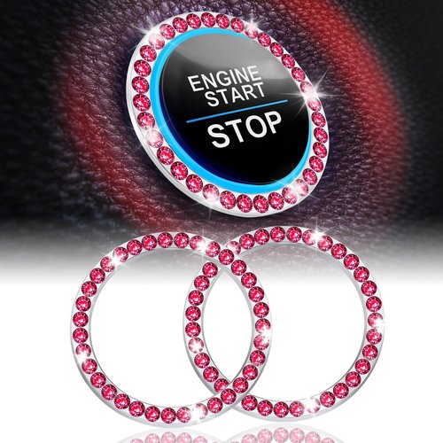 LivTee 2 PCS Crystal Rhinestone Car Engine Start Stop Decoration Ring, Bling Car Interior Accessories for Women, Push to Start Button Cover Sticker, Automotive Decals, Red