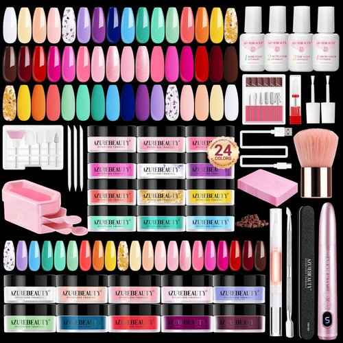 AZUREBEAUTY Dip Powder Nail Kit with Electric Nail Drill 24 Colors Spring Summer Blue Purple Nail Starter Kit with Dip Liquids Base Top Coat Activator Portable Manicure French Nail Art Essential Set
