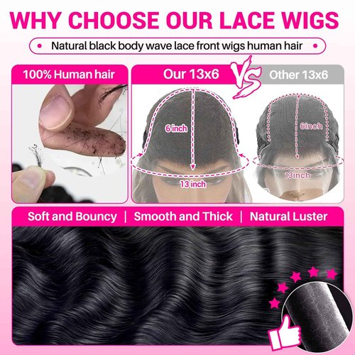 Stylifo 30 Inch 13x6 Lace Front Wigs Human Hair Body Wave Wig HD Lace Frontal Glueless Wigs Human Hair Pre Plucked with Baby Hair 180 Density Natural Black