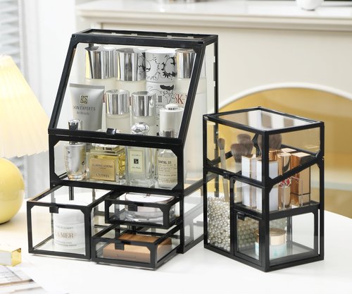 MOOCHI Black 3 Pieces Makeup Organizers for Vantity, glass, Skin Care Organizer, Drawers,Brush Organizer,Countertop Cosmetics Storage Display Case