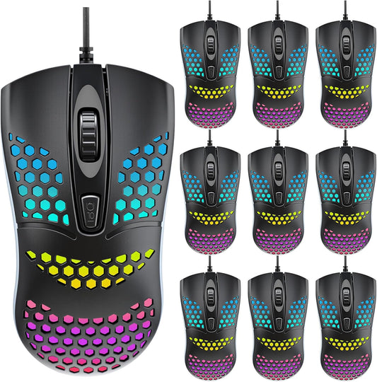 8 Pack USB Wired Mouse Computer Mouse with RGB Lighting 3 Adjustable Dpi Ergonomic Optical Office Corded Mice for PC Desktop Laptop Computer Office School Home Classroom Supplies