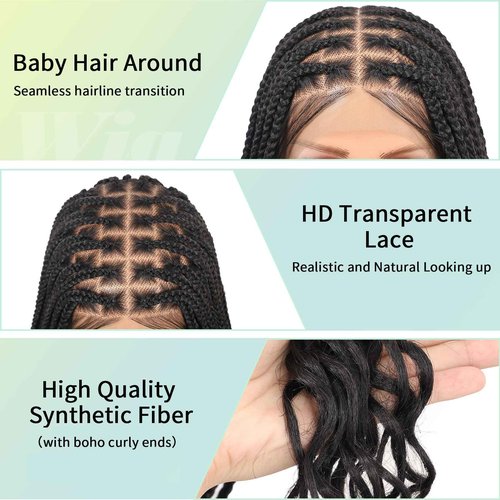 Fecihor 36 Inch 13X8 HD Lace Front Box Braided Wigs With Boho Curly Ends Knotless Braided Wig For Women Premium Synthetic Braids Lace Front Wig With Baby Hair Natural Black