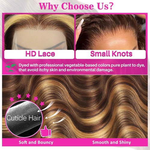 GAOYIFU Ombre Lace Front Wig Human Hair Highlight 13x6 HD Body Wave Lace Front Wigs Human Hair Pre Plucked Honey Blonde 180 Density 4/27 Frontal Glueless Highlighted Wig for Black Women 28 Inch