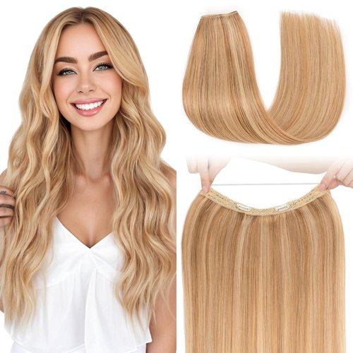 S-noilite Halo Hair Extension Invisible Wire in Real Remy Human Hair Extensions with Clips Adjustable Hidden Wire in Hair Extension for Women 16 inch Camel Bown Highlighted Blonde