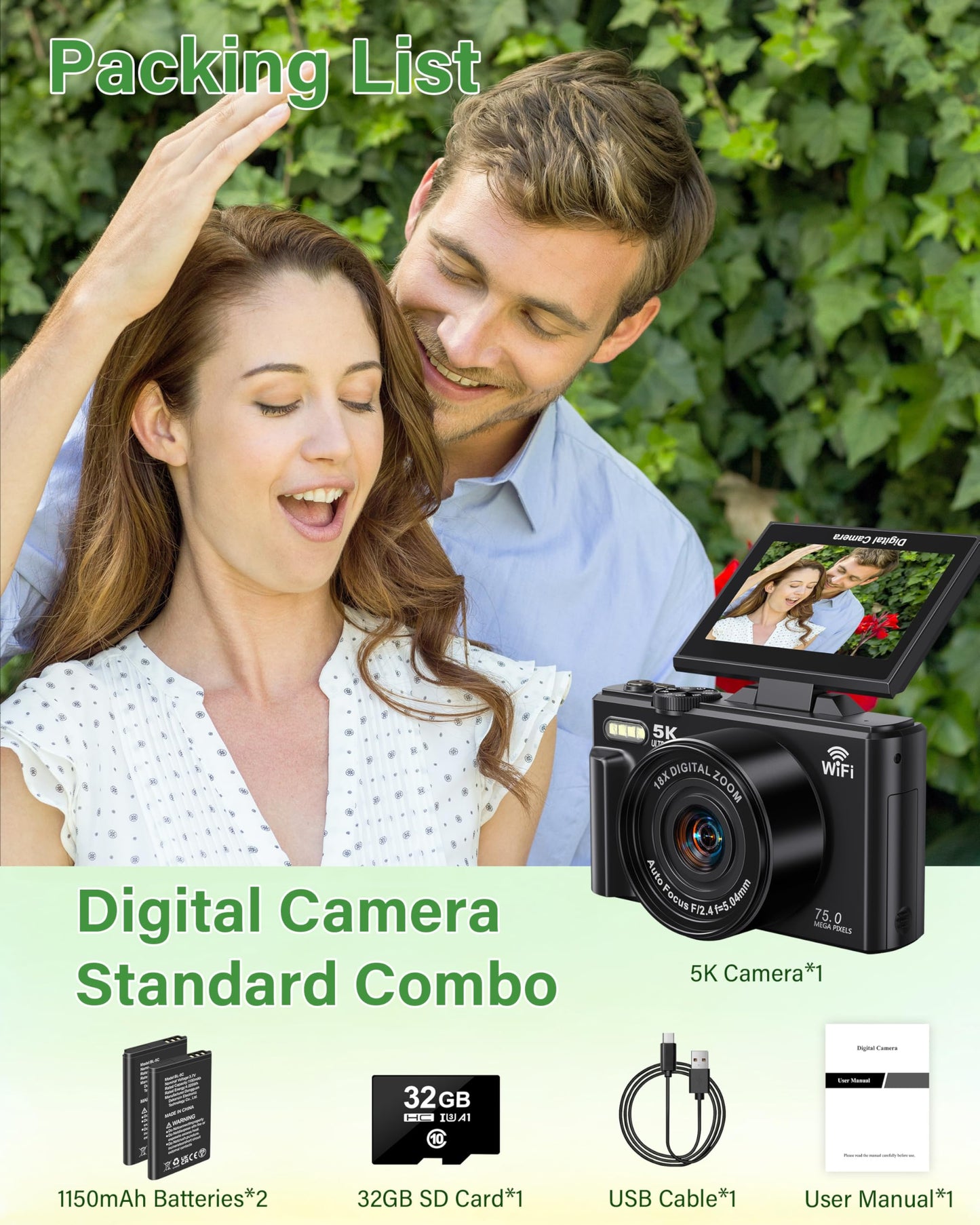 5K Digital Camera for Photography, 75MP WiFi Vlogging Camera for YouTube with 3" 180° Flip Screen, 18X Zoom UHD Autofocus Video Camara with 32GB SD Card, 2 Batteries