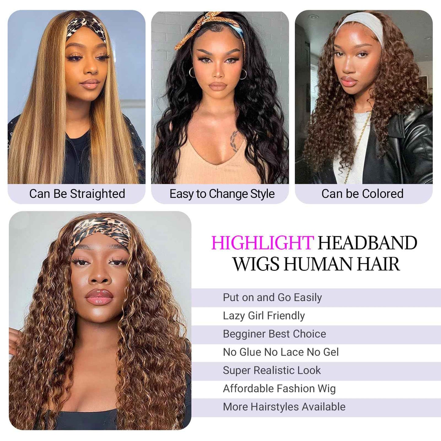 26Inch Ombre Highlight Headband Wig Human Hair Deep Wave 4/27 Honey Blonde Human Hair Headband wigs for Black women Glueless None Lace Front Wig Machine Made 180% Density Curly Half Wig Human Hai