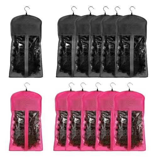 20pcs Hair Extensions Hanger Bags with Wooden Hanger Dust proof Wig Storage Bag Portable Hair Extension Storage Bag Strong Holder Wigs Carrier Bags With Zipper (Black+Pink)