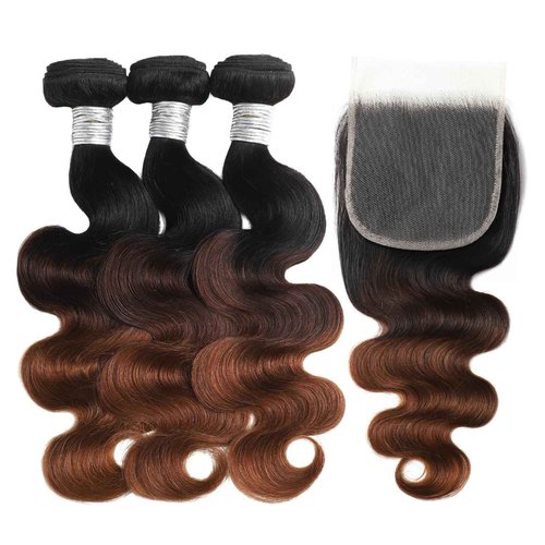 AUROO 3 Tone Chestnut Brown Ombre 3 Body Wave Bundles with Closure Human Hair, 12A Virgin Remy Hair Bundle T1B/2/30 Medium Brown/Auburn Colored 3 Bundles with 5x5 HD Lace Closure Free Part 10 12 14+10