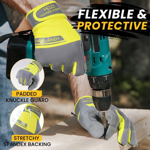 HANDLANDY Touchscreen Work Gloves for Men and Women, Utility Breathable Mechanic Working Glove for Yardwork Gardening (Yellow-Grey, Small)