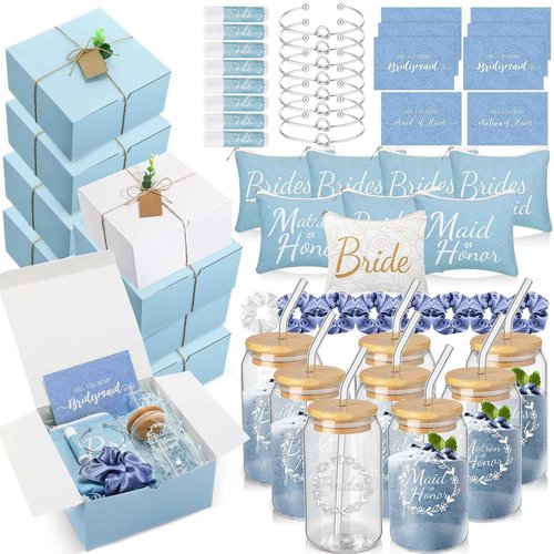 FillTouch 72 Pcs Bridesmaid Proposal Gifts, Will You Be My Bridesmaid, Maid and Matron of Honor Gifts Include Gift Box Glass Cup Makeup Bag Cards Lip Balm Hair Scrunchie Knotted Bracelet(Blue, White)