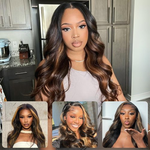 BQRIH 12A Brown Highlight Body Wave Bundles Human Hair 10 12 14 In Brazilian Virgin Wavy Weaves F1B/30 Black and Honey Blonde Ombre 3 Bundles Soft Balayage Colored Human Hair Extensions For Women Remy