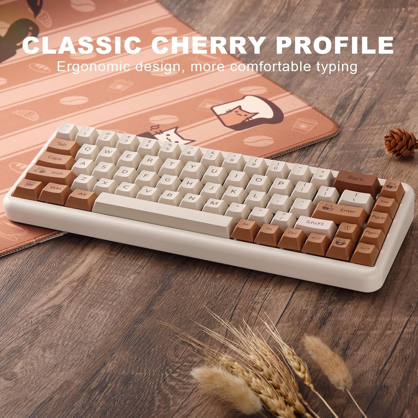 YUNZII X71 Transparent Mechanical Keyboard with Clear Keycaps(Crystal Ice Switch,Pink), Coffee Cat Dye Sub PBT Keycaps(Cherry Profile, Coffee Cat)