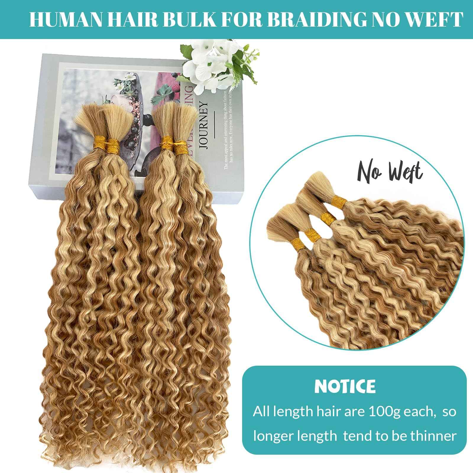 Highlighted Human Braiding Hair 24 Inch Water Wave Bulk Human Hair for Braiding No Weft 100% Unprocessed Ombre Blonde Curly Micro Human Hair Braiding Hair Extensions for Boho Braids Wet and Wave 100g