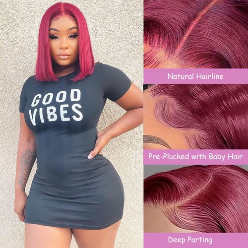 Keytac Wear and Go Glueless 99J Burgundy Bob Wigs Human Hair 16 Inch Pre Cut 99J Bob Lace Front Wigs Human Hair with Baby Hair Straight HD Transparent Bob Lace Frontal Wig Short Wigs for Black Women