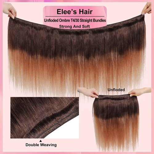 Ombre Straight Hair Bundles With Closure 12A Brazilian Virgin Remy Human Hair 2 Tone T4/30 Ombre Straight Human Hair Bundles with 4x4 Lace Closure Free Part (12 14 16 +12)