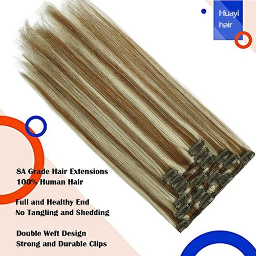 HUAYI Dirty Blonde Mixed Platinum Blonde 120g 7Pcs Clip In Hair Extensions Human Hair Double Weft Thick End For Full Head No Tangle No Shedding Silky Straight Balayage Hair（18P60#18"）