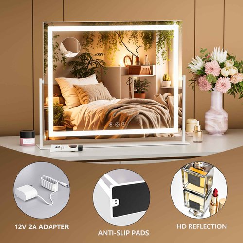 Batuso Vanity Mirror with Lights, 30'' x 22'' Lighted Makeup Mirror, Touch Screen with 3-Color Lighting, Dimmable for Vanity Desk Tabletop Square White