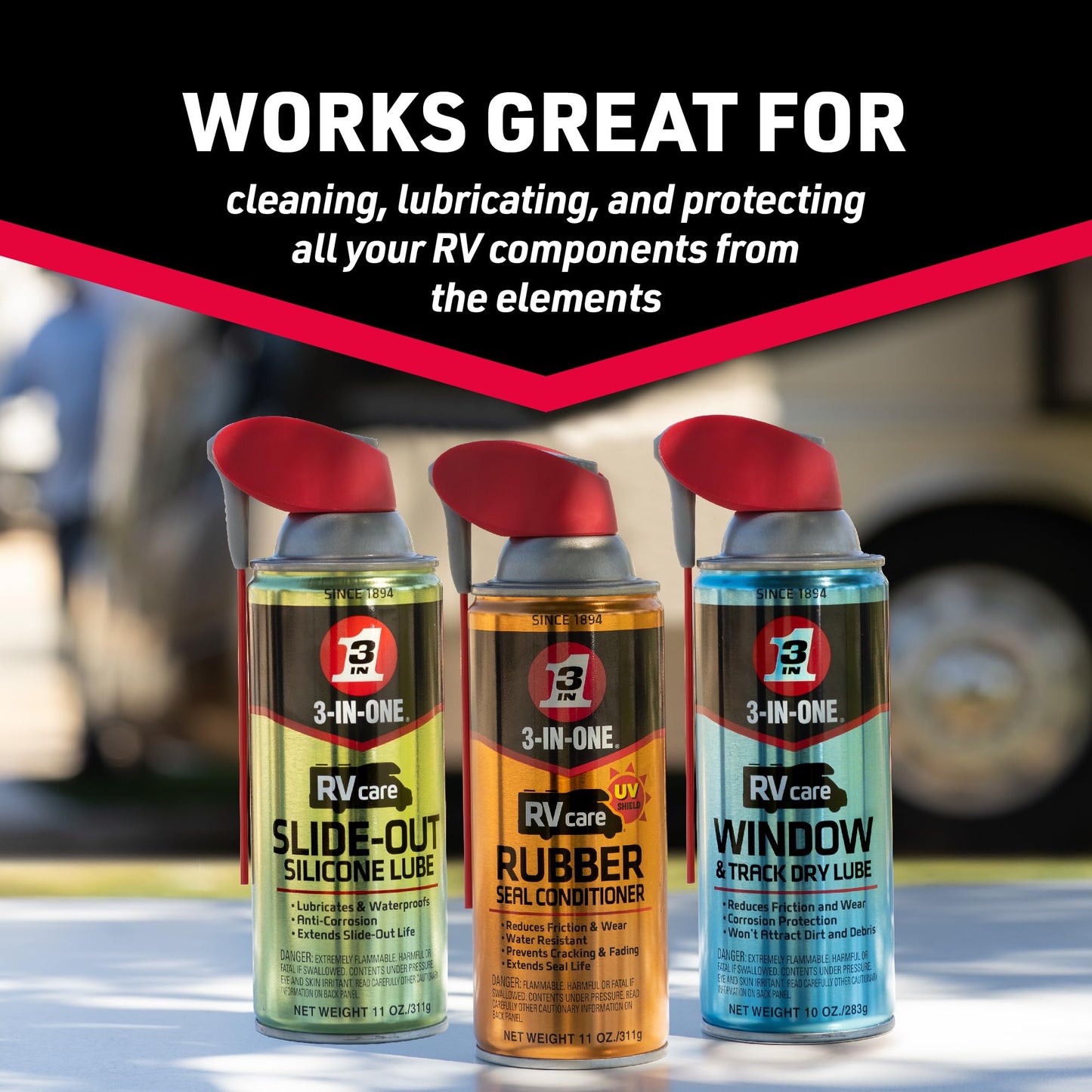 3-IN-ONE RV Care Trio Pack Includes Slide Out Lube 11 oz, Window & Track Lube 10 oz and Rubber Seal Conditioner 11oz.