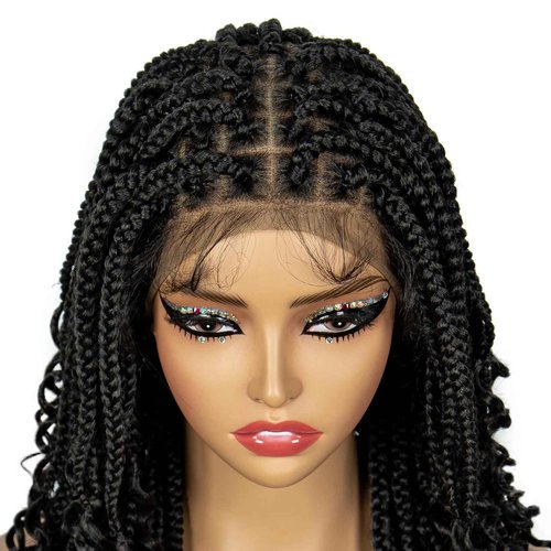 sedittyhair Synthetic Full Lace Knotless Braided Wigs with Curly Ends for Black Women Handmade Braiding Wigs with Baby Hair 16 inches Lace Frontal Braids Wig (1B Color)