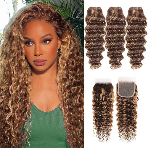Blonde Highlight Human Hair Bundles with Closure (14 16 18+14 inch) 10a Brazilian Deep Wave Bundles Human Hair with 4X4 Free Part Closure 4/27 Ombre Brown Bundle