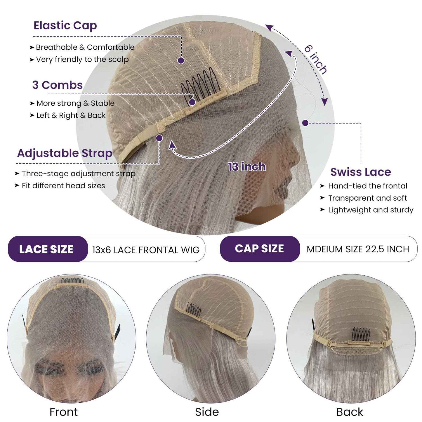 Grey Lace Front Wigs Human Hair, Glueless Grey Wigs Human Hair Pre Plucked HD 13x6 Lace Front Grey Wig for Black Women 180% Density 22 Inch Colored Silver Gray Straight Human Hair Lace Fronal Wig