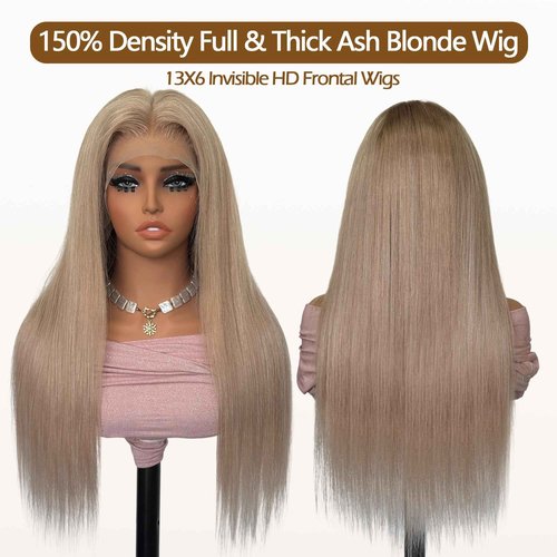 Ash Blonde Wig Human Hair 13x6 Transparent Lace Front Wigs Human Hair 180% Density Ash Blonde Straight Lace Front Wigs for Black Women Pre Plucked Colored HD Lace Frontal Wig 20 Inch