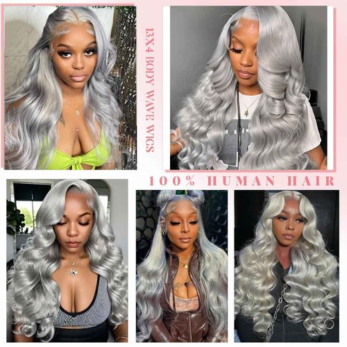Munx Body Wave Lace Front Wig Human Hair 13x6 HD Transparent Lace Frontal Wigs with Baby Hair Silvery Grey Lace Front Wigs Human Hair 28 Inch 180% Density Pre Plucked Wig for Women