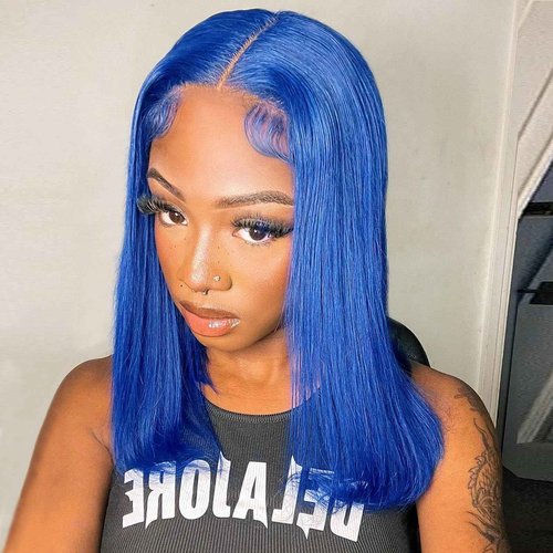 Hihmarm Blue Lace Front Wig Human Hair 13x4 Hd Lace Front Wigs Preplucked 16 Inch Glueless Wig Natural Hair Line 180% Density Straight Human Hair Wigs For Black Women Frontal Wigs Human Hair