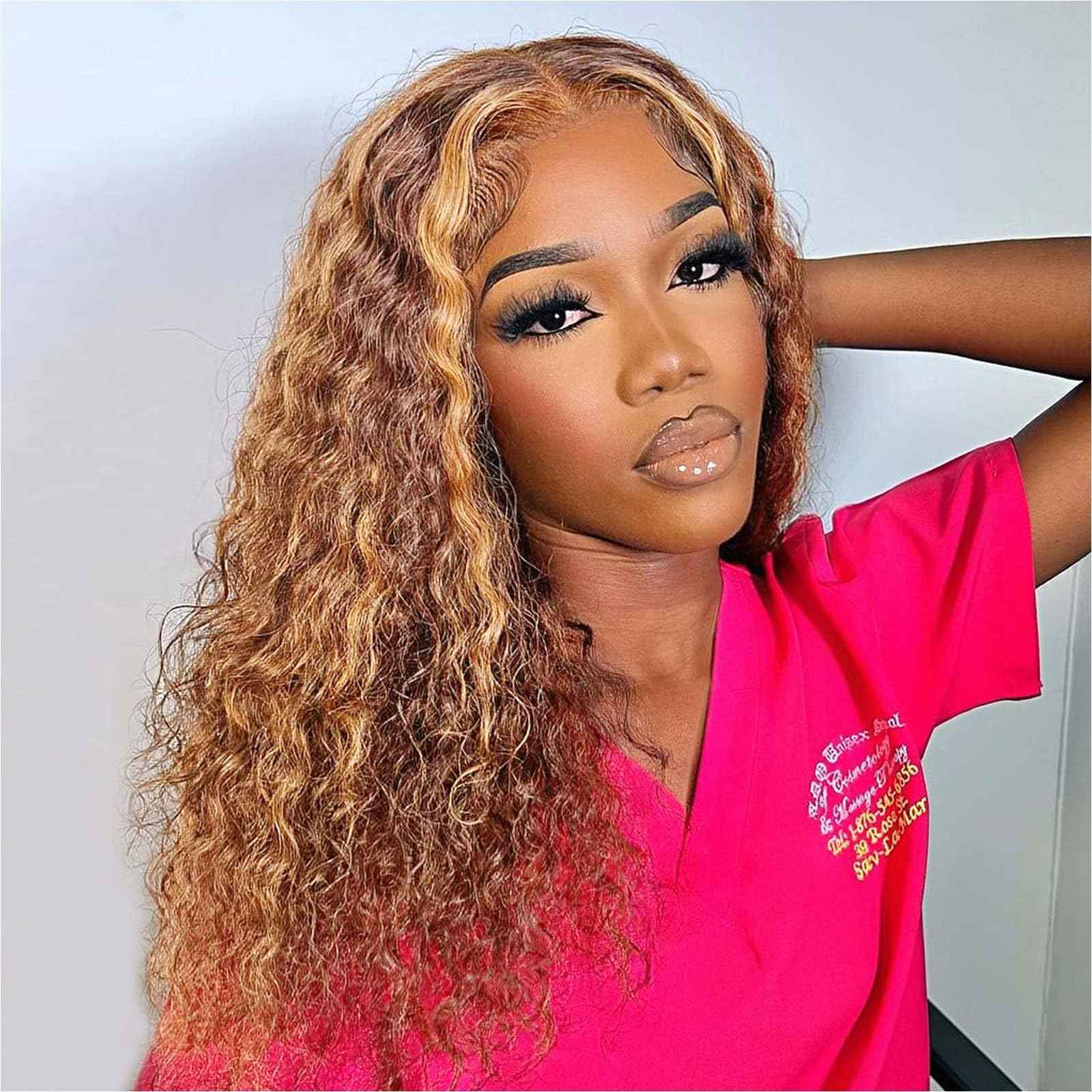 HIRIREMY Curly Bob Wig Human Hair Deep Wave 13x4 HD Lace Front Wigs For Black Women Human Hair Pre Plucked Wear And Go Glueless Short Wet And Wavy Ombre Honey Blonde Highlight Color 4/27 16 Inch
