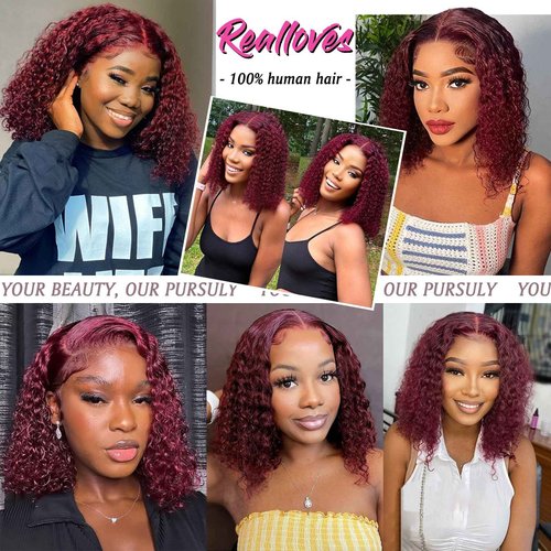 Realloves 8 Inch 99J Burgundy Deep Wave Curly Bob Wig for Black Women 180% Density Human Hair 13x4 HD Lace Front Wigs