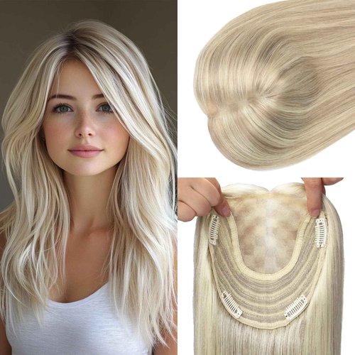 kolala HAIR Toppers for Women Real Human Hair 150 Density 12 inch 55 grams 6x7 inch Caramel Blonde Highlighted Blonde lace Silk Base Clip in Hair Pieces for Women（#18P60 12inch）