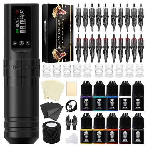 Tattoo Gun Kit Complete Wireless Tattoo Machine Kit, Kiss of Dragon V1S Rotary Adjustable Stroke Tattoo Pen with 1600 mAh Cordless Battery Tattoo Cartridge Needles Set for Beginners