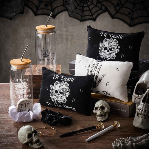 Hushee 30 Pcs Bride or Die Bachelorette Party Supplies Till Death Bridesmaids Gifts 16 oz Glass Cup Makeup Bag Scrunchy Knotted Bracelet Diamond Pen for Gothic Halloween Bridal Shower Wedding Supplies