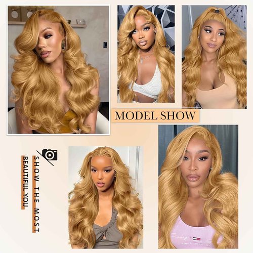 KERUISI 28 Inch Honey Blonde Wig Human Hair 200% Density 13x6 Body Wave Pre Plucked Glueless HD Transparent Lace Frontal Human Hair