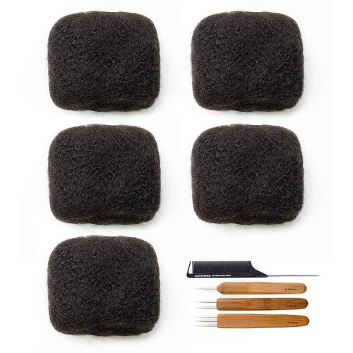 FAMILOCS Tight Afro Kinky Bulk 100 ％ Human Hair for Draedlock Extensions, Repair Locs, Twists and Braids (14 Inch, Natural Black, 5 Bundles with Crochet Needle Set and Rat Tail Comb)