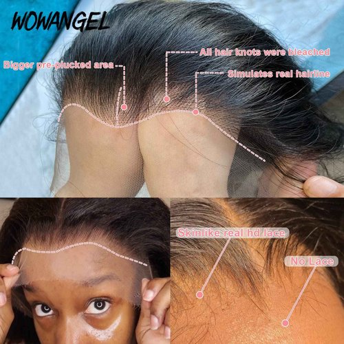 WOWANGEL 13x4 SKINLIKE Real HD Lace Frontal Piece Only, Body Wave 0.1mm Ultra Thin Invisible Lace Clean Natural Hairline with Bigger Pre-plucked Area Crystal Lace Remy Human Hair Frontal 16 Inch