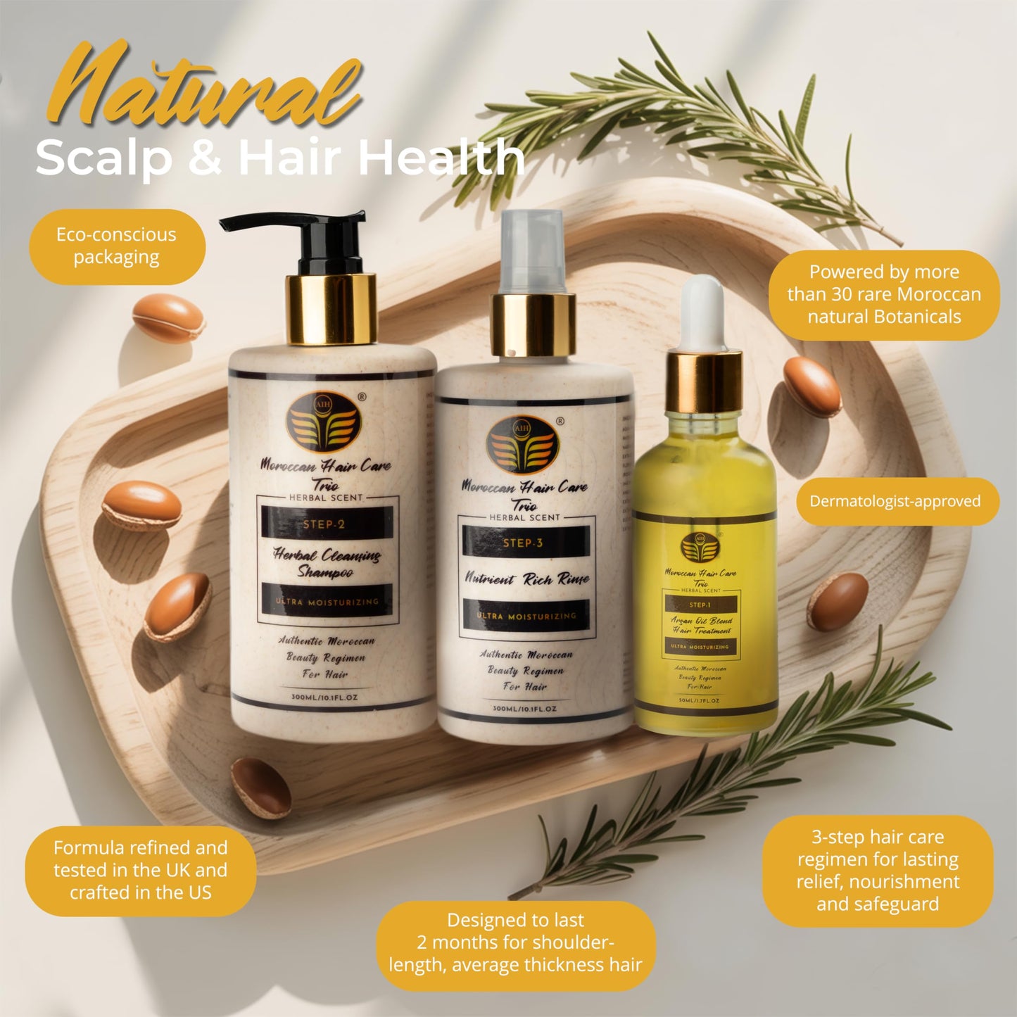 Moroccan Oil Hair Care Trio – Premium 3-Step Argan Oil Hair Treatment Kit for Scalp & Follicle Health – Herbal Shampoo, Leave-In Rinse & 30+ Botanicals – Sulfate-Free, Dermatologist Approved