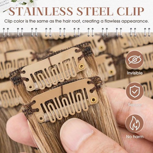 TESSHAIR Clip in Hair Extensions Real Human Hair 22 Inch Human Hair Clip in Extensions Medium Brown & Dark Blonde Hair Extensions Clip ins Double Weft 100% Real Human Hair Extensions 8 PCS 75g #4P27