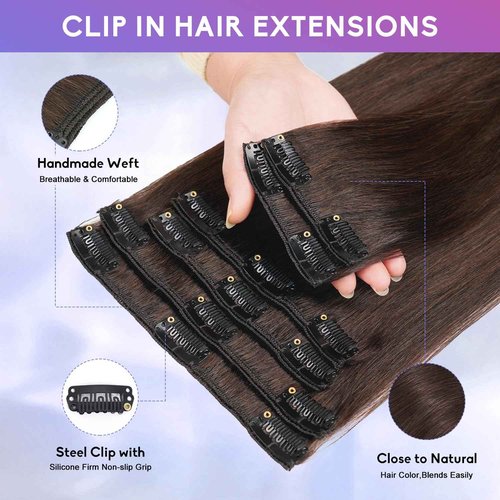 ZNXDJXE Dark Brown Clip in Hair Extensions Real Human Hair Invisible Seamless Remy Human Hair Clip in Extensions for Women 26 Inch 130g, 8pcs Per Set with Double Weft