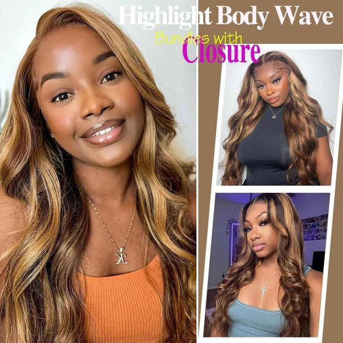 P4/27 Brown Highlight Body Wave Human Hair 3 Bundle with 4x4 Lace Closure,12A Grade Brazilian Remy Hair Ombre Bundles with Free Part 12 14 16+12inch
