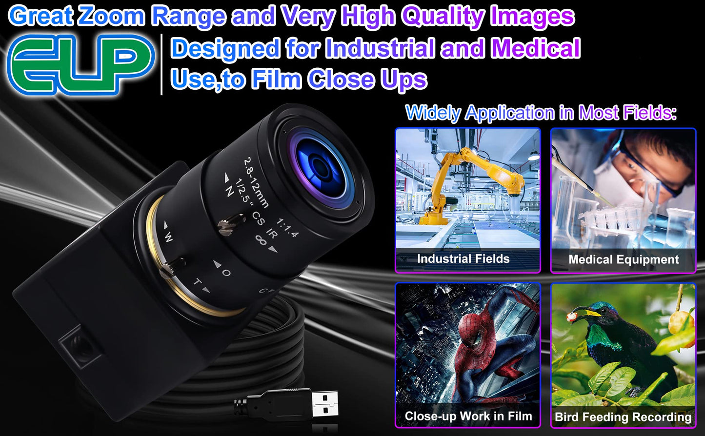 1080P USB Webcam with Zoom 2.8-12mm Vari-Focus PC Camera - 100fps/60fps Varifocal Lens