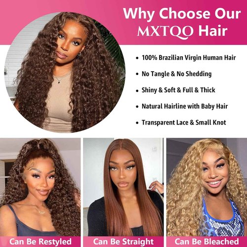 MXTQO Deep Wave Lace Front Wigs Human Hair Chocolate Brown 13x6 HD Lace Front Wigs Pre Plucked Deep Curly Wigs Wet and Wavy Human Hair Frontal Wigs with Baby Hair 200% Density