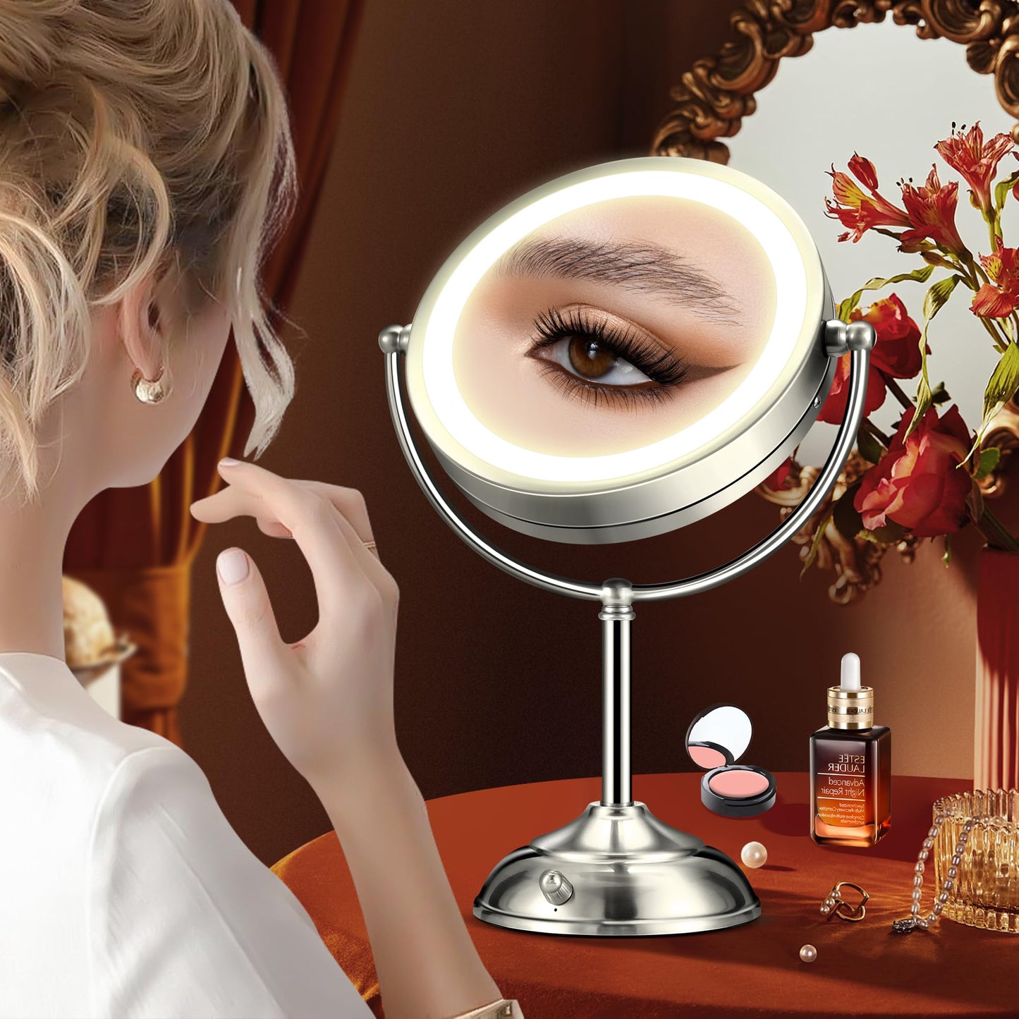 20x Large Lighted Makeup Mirror, Rechargeable 9" Magnifying Makeup Mirror, 30-Minute Timer,3 Color Modes, Adjustable Brightness, No Assembly Required, 360° Rotation Cosmetic Mirror, Pearl Nickel